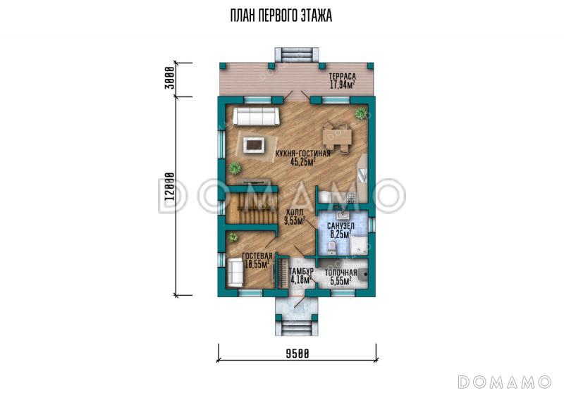 Проект двухэтажного дома с 4 спальнями, кабинетом, просторной кухней-гостиной и длинной крытой террасой / План 1 этажа