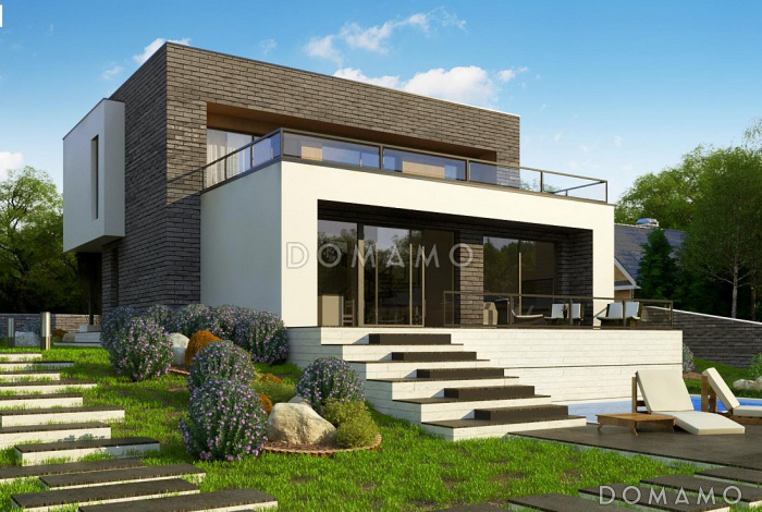 Проект современного двухэтажного дома из кирпича с плоской крышей, с четырьмя комнатами, гаражом и террасами на двух уровнях