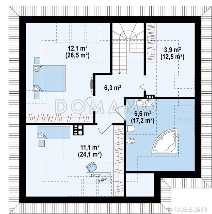 Проект одноэтажного дома из газобетона с двумя спальнями и крытой террасой с жилой мансардой / План мансардного этажа