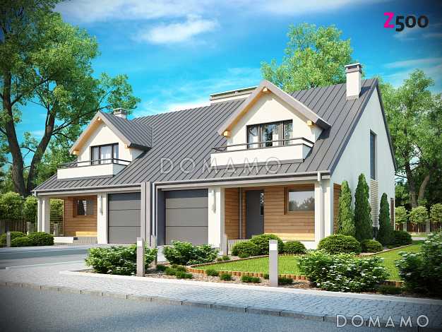 Проект мансардных домов-близнецов из газобетона с гаражом, тремя спальнями и красивым слуховым окном и балконом