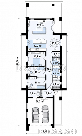 Проект современного одноэтажного дома из кирпича с тремя спальнями и пристроенным гаражом на два автомобиля / План 1 этажа