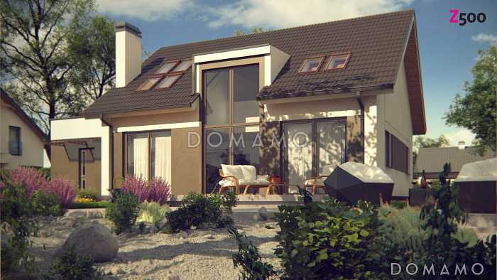 Проект одноэтажного коттеджа из кирпича с мансардным этажом со вторым светом, большим панорамным окном и гаражом