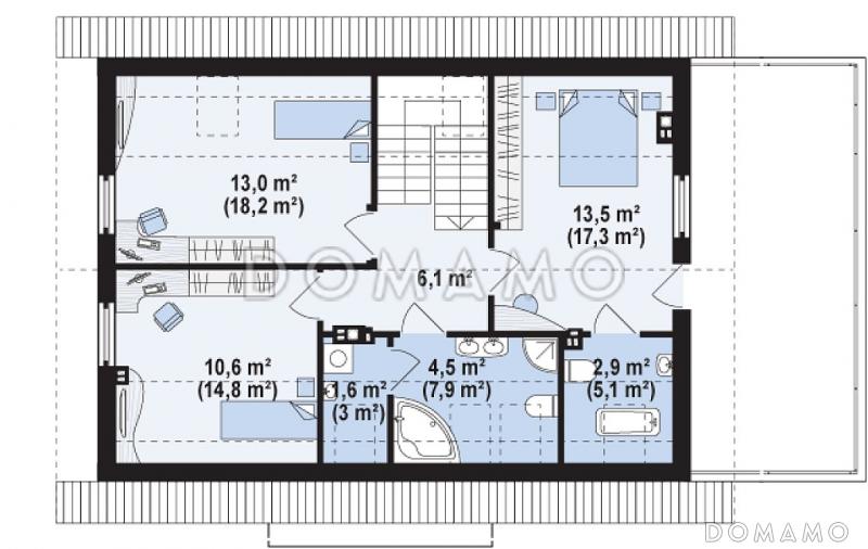 Проект одноэтажного мансардного дома из кирпича с дополнительной спальней на первом этаже и гаражом / План мансардного этажа