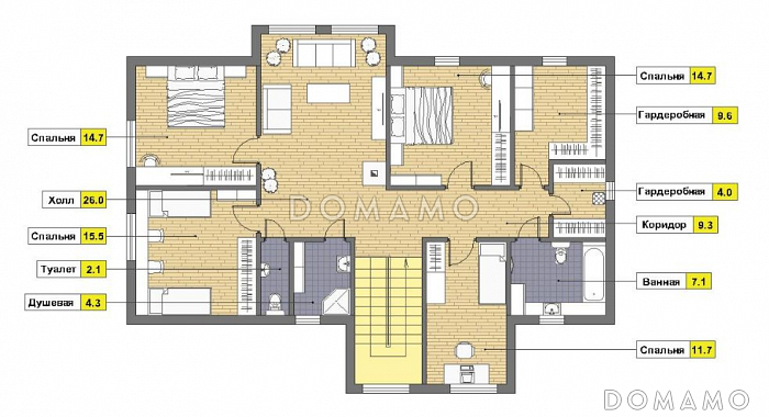 Проект каркасного дома с просторным холлом на мансардном этаже / План мансардного этажа