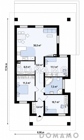 Проект простого комфортного одноэтажного дома из газобетона с тремя спальнями / План 1 этажа