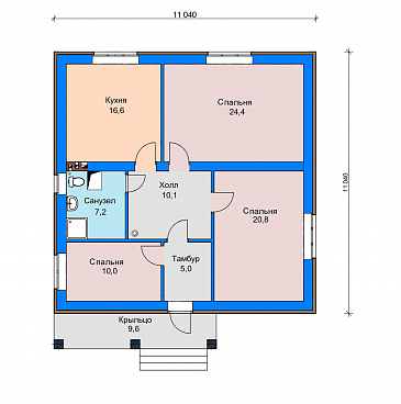 Проект дома с крытым крыльцом, изолированной кухней, тремя спальнями и санузлом с окном / План 1 этажа