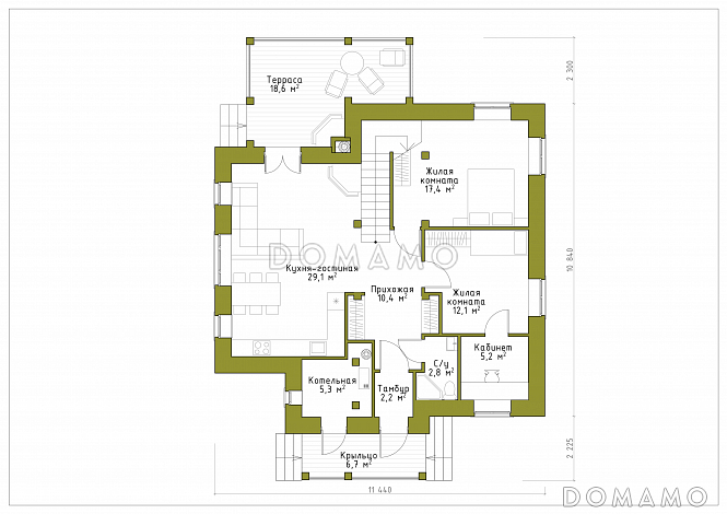 Проект практичного двухэтажного коттеджа для большой семьи / План 1 этажа