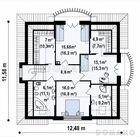 Проект мансардного дома из газобетона с тремя спальнями, кабинетом и красивыми балкончиками / План мансардного этажа