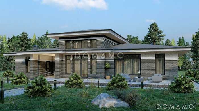 Проект одноэтажного дома с двумя террасами, кухней и гостиной в центральной части дома, сауной