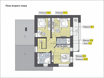 Проект загородного дома с открытой террасой, сауной и душевой, гостиной с камином / План мансардного этажа