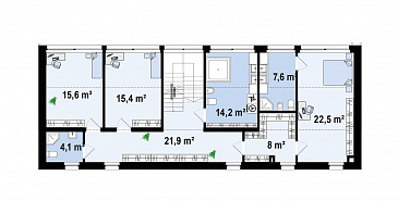 Проект стильного двухэтажного дома с гаражом, кладовой, гардеробной в прихожей, кабинетом, хозяйской спальней / План 2 этажа