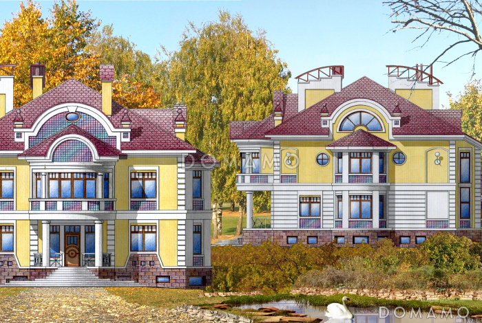 Проект коттеджа с двусветной гостиной, бассейном и зимним садом