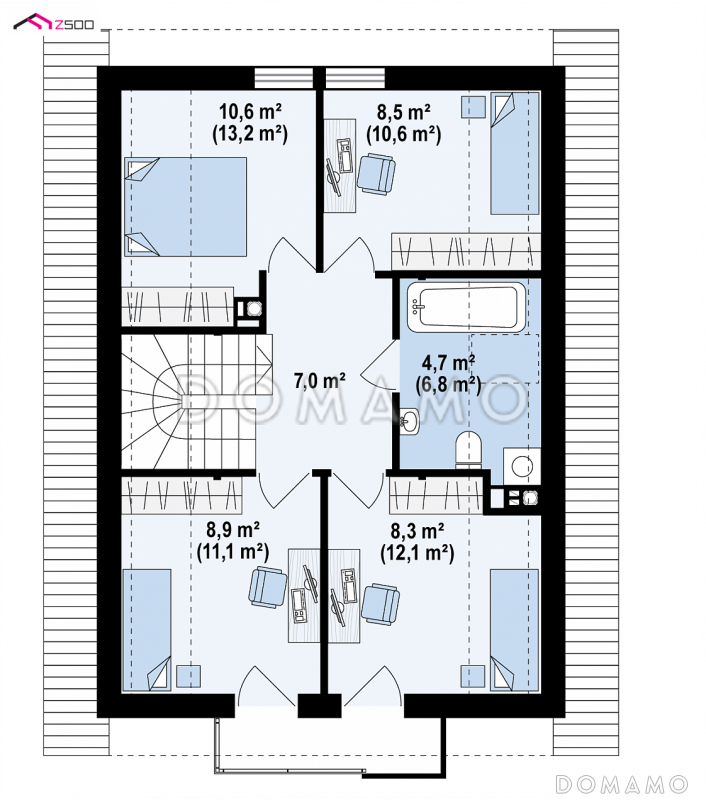 Проект одноэтажного мансардного дома из газобетона с кабинетом и балконом / План мансардного этажа