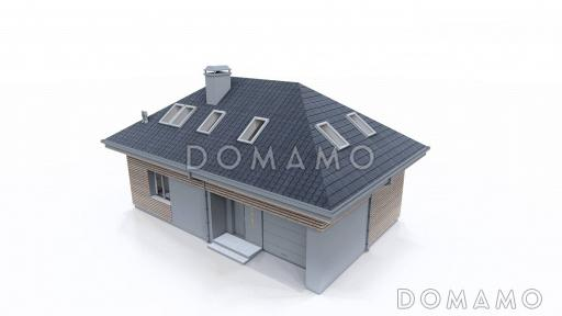 Проект комфортного одноэтажного загородного дома с мансардой, гаражом, санузлом на первом этаже, просторной дневной зоной / Фасад 1