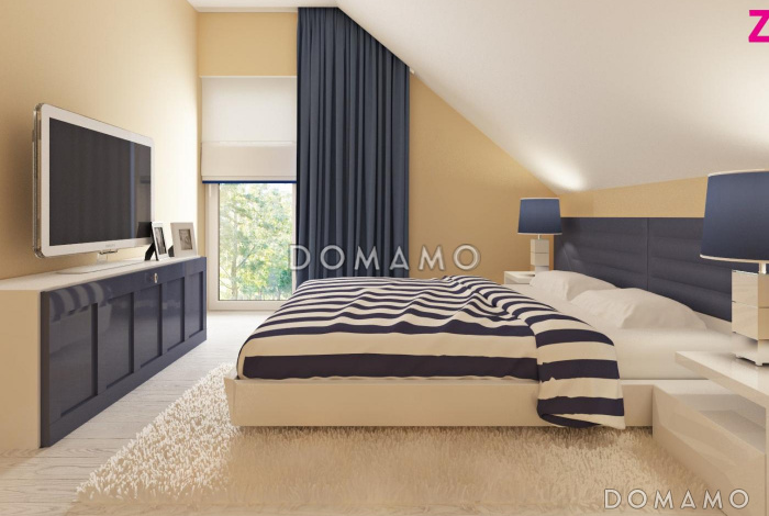 Проект одноэтажного мансардного дома из газобетона с балконом и с фронтальным пристроенным гаражом