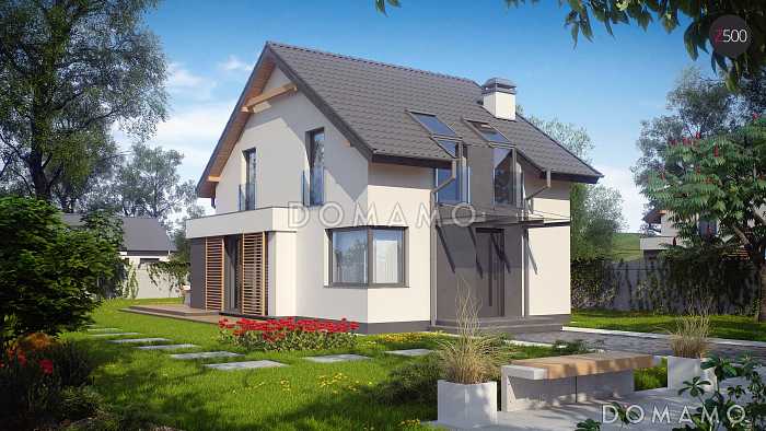 Проект компактного одноэтажного мансардного дома из кирпича с просторной светлой гостиной