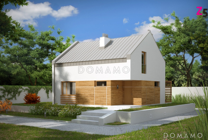 Проект компактного одноэтажного дома из кирпича с ночной зоной на мансардном этаже и открытой террасой вдоль дома