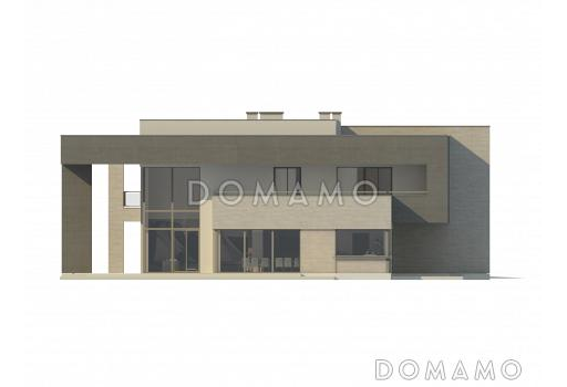 Проект большого современного двухэтажного дома из газобетона необычной формы, с тремя спальнями и кабинетом, сауной и гаражом / Фасад 2