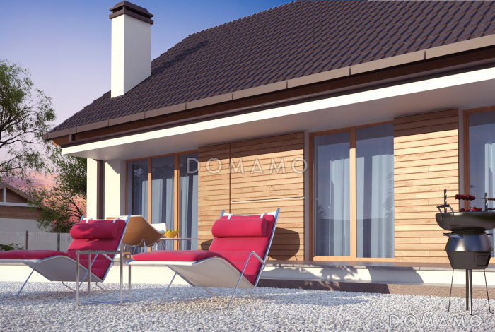 Проект простого компактного одноэтажного дома из газобетона с двумя спальнями и просторным хозяйственным помещением