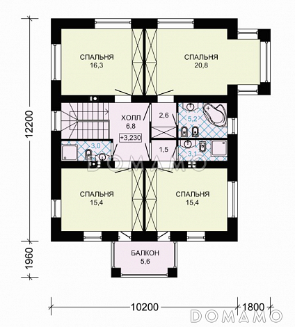 Проект двухэтажного дома с большой гостиной, четырьмя спальными комнатами и балконом / План 2 этажа