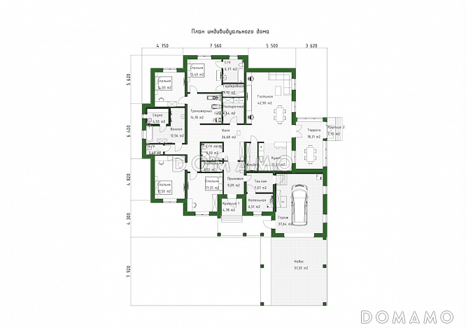 Проект кирпичного дома с навесом, гаражом и тренажерным залом / План 1 этажа