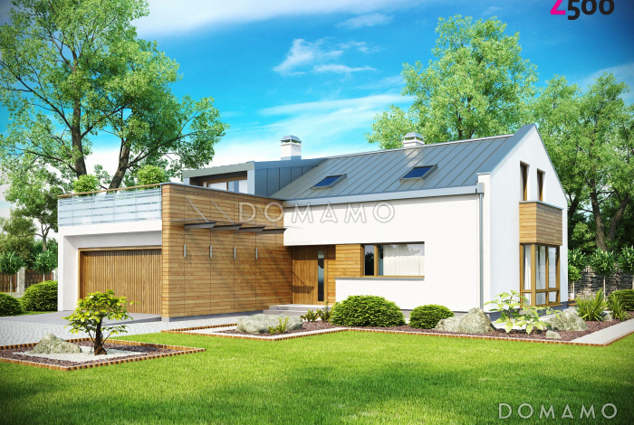 Проект просторного мансардного двухэтажного дома из кирпича с пятью комнатами, эркером и террасой над гаражом