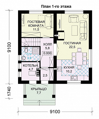 Проект дома из газобетона с тремя спальнями на втором этаже / План 1 этажа