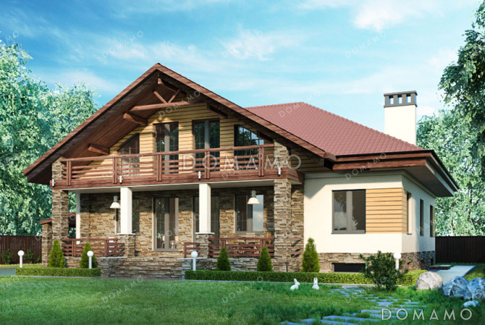 Проект дома с сауной в цокольном этаже, навесом для машины и гостиной на мансарде