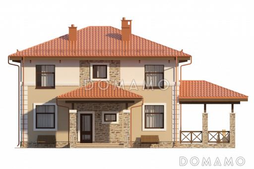 Проект небольшой виллы в средиземноморском стиле с крытой террасой и облицовкой камнем / Фасад 1