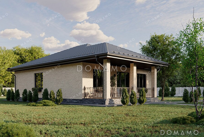 Проект компактного одноэтажного дома с большой террасой, вальмовой кровлей и двумя санузлами