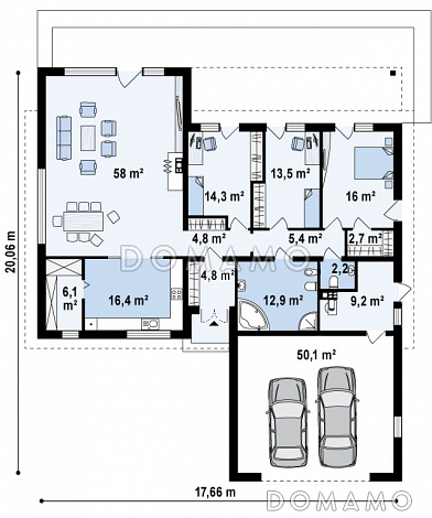 Проект просторного одноэтажного дома из газобетона с тремя спальнями и пристроенным гаражом на два автомобиля / План 1 этажа