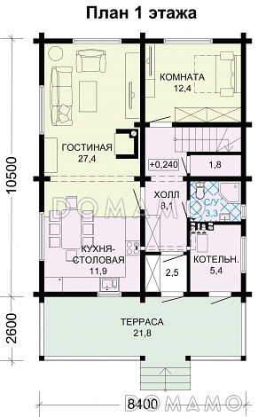 Проект современного дома из бруса с мансардой / План 1 этажа