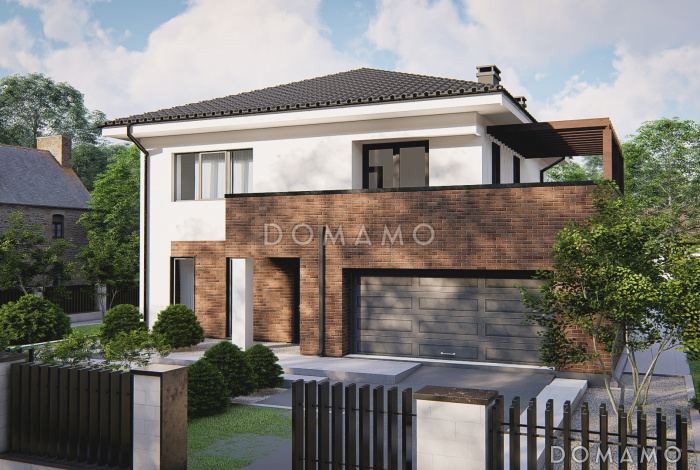 Проект двухэтажного дома с гаражом на два автомобиля с проходом в кухню через  кладовую, мастер-спальней на втором этаже