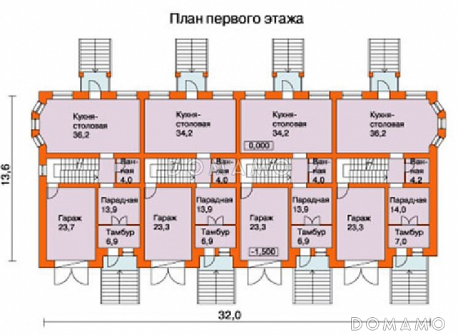 Проект таунхауса на четыре семьи / План 1 этажа