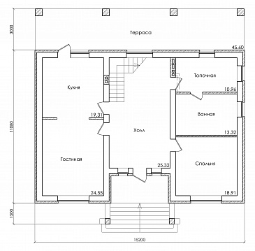 Проект дома с мансардным и цокольным этажом, с гаражом и крытой террасой на втором этаже / План 1 этажа
