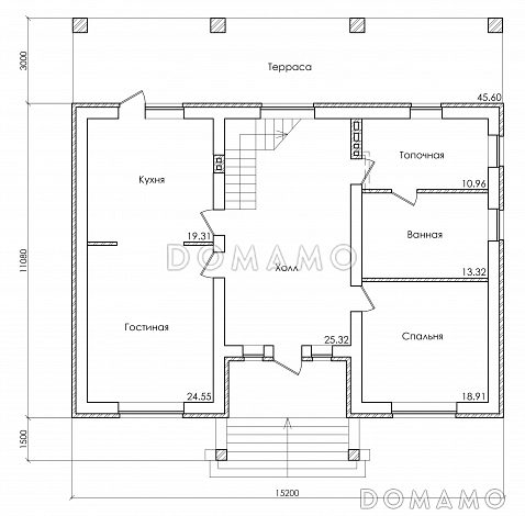 Проект дома с мансардным и цокольным этажом, с гаражом и крытой террасой на втором этаже / План 1 этажа