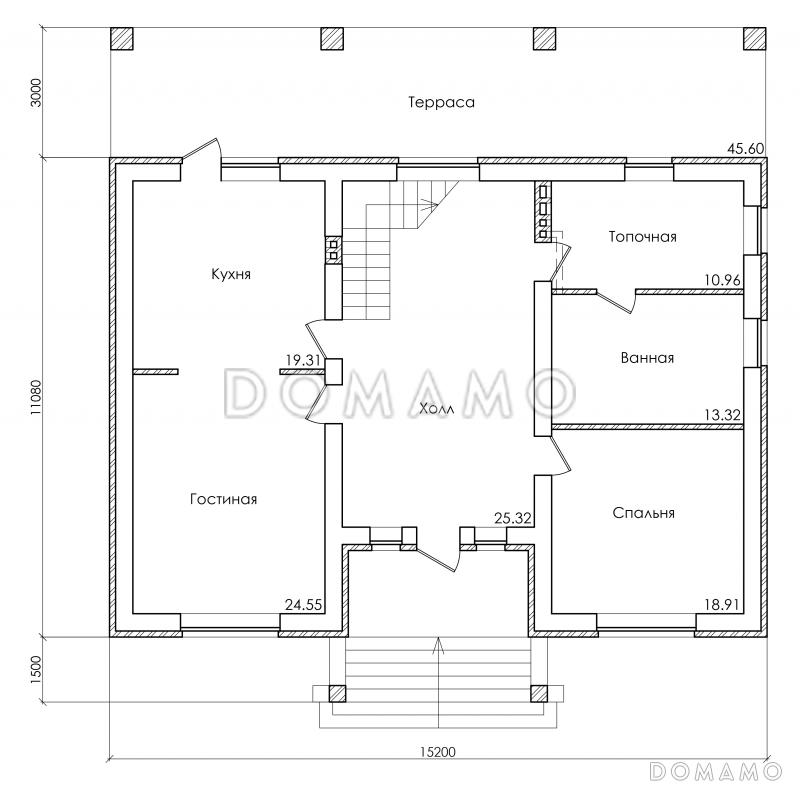 Проект дома с мансардным и цокольным этажом, с гаражом и крытой террасой на втором этаже / План 1 этажа