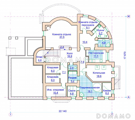 Проект коттеджа в стиле модерн с гаражом на 2 а/м и сауной / План цокольного этажа
