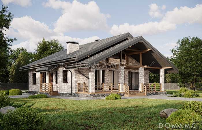 Проект выразительного одноэтажного дома с двухскатной крышей в разных уровнях, большой террасой и вторым светом