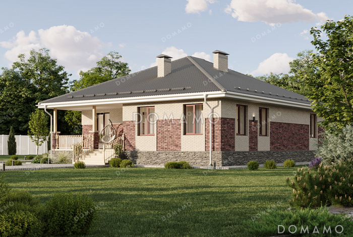 Проект одноэтажного дома с комбинированной отделкой фасадов кирпичом разных тонов, большой террасой под одной кровлей с домом и удобной планировкой для семьи с детьми