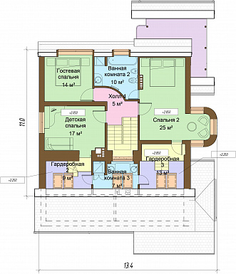 Проект дома с цокольным и мансардным этажами, с круглым эркером и террасой / План мансардного этажа