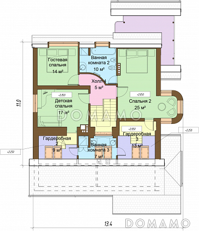 Проект дома с цокольным и мансардным этажами, с круглым эркером и террасой / План мансардного этажа