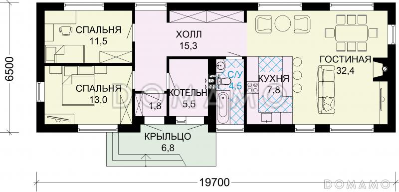 Проект одноэтажного дома по технологии ЛСТК с большими окнами в гостиной / План 1 этажа