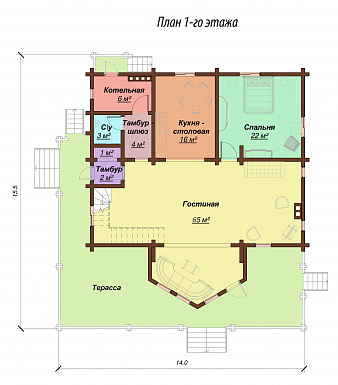 Проект одноэтажного дома с мансардным этажом, эркером и вторым светом / План 1 этажа