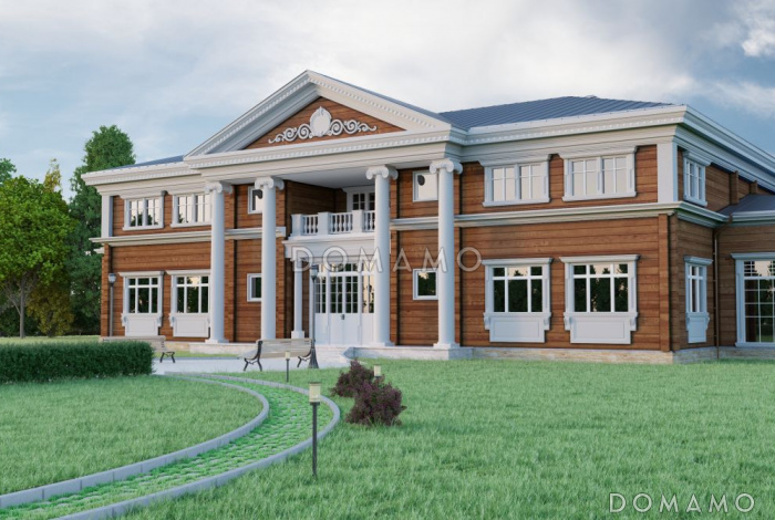 Проект двухэтажного дома из клееного бруса с колоннами и большой верандой