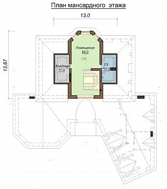 Проект большого двухэтажного дома с мансардой,с эркером, гаражом, сауной и бассейном / План мансардного этажа