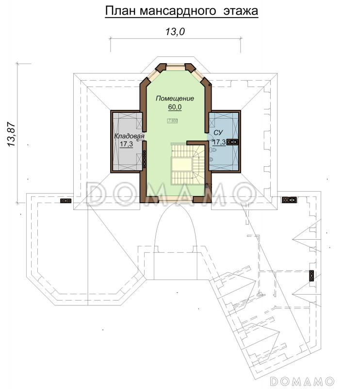 Проект большого двухэтажного дома с мансардой,с эркером, гаражом, сауной и бассейном / План мансардного этажа