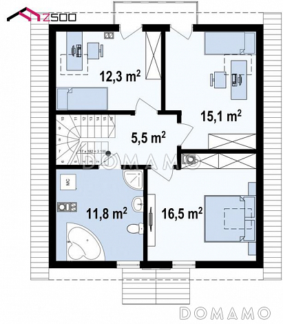 Проект загородного дома с террасой, балконом, кладовой, просторной ванной / План мансардного этажа