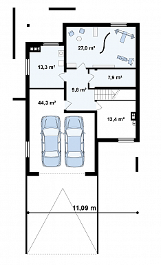Проект большого двухэтажного дома из газобетона с цокольным этажом и подземным гаражом / План цокольного этажа
