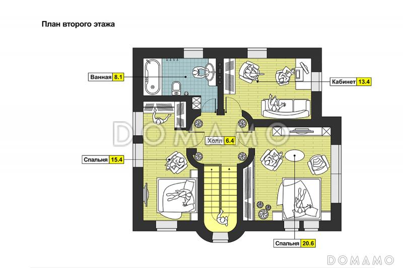 Проект дома с крытой террасой, колоннами, кухней-столовой с полукруглой стеной на террасу, эркером, спальнями и кабинетом на втором этаже / План 2 этажа